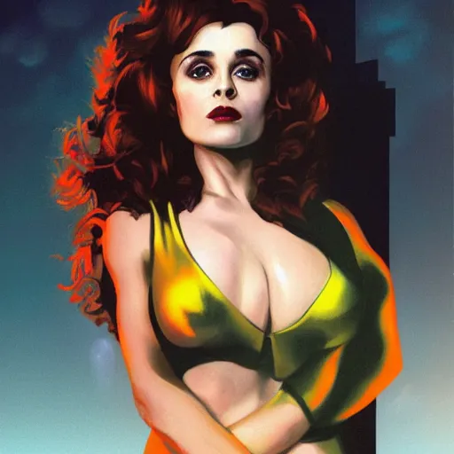 Image similar to Helena Bonham Carter as a Bond girl, artstation, Joe Jusko, concept art, 8k
