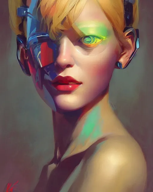 Image similar to half - robot woman with cute - fine - face, pretty face, multicolored hair, realistic shaded perfect face, fine details by realistic shaded lighting poster by ilya kuvshinov katsuhiro otomo, magali villeneuve, artgerm, jeremy lipkin and michael garmash and rob rey