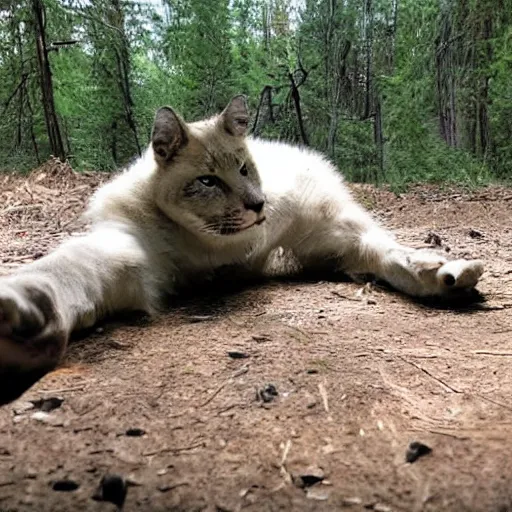 Prompt: walter white laid down on the ground in a trailcam footage