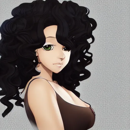 Image similar to A brown skinned woman with black curly hair as an anime character, highly detailed, artstation