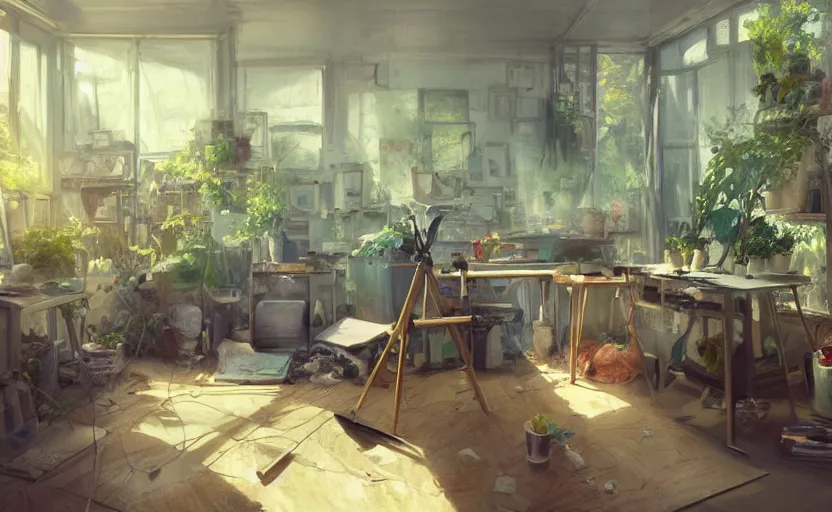 Prompt: a stylish artist studio interior, messy, many plants, drafting table, easel, painting by Craig Mullins, octane rendering, soft morning lighting, wide angle lens, low view, in the style of Hayao Miyazaki, trending on artstation,