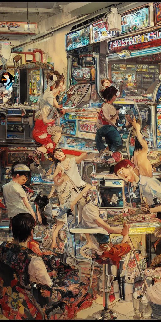 Image similar to oil painting scene from amusement arcade by kim jung gi