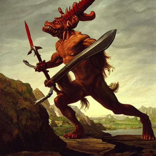 Image similar to dog - faced muscular goblin, ugly face, lizard tail, holding scimitar made of bone, scimitar, sword, jagged sword, curved sword, orkish sword, gray skin, red sky, hyper - detailed, primeval fantasy, prehistoric fantasy, art by jacques - louis david