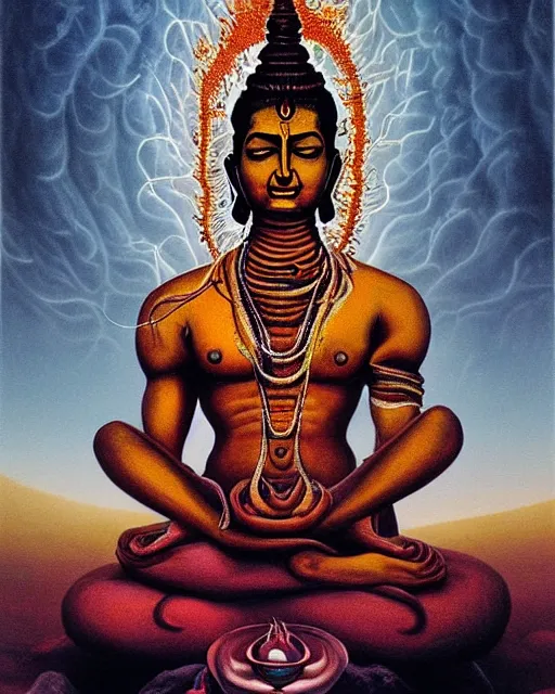 Prompt: One many-armed Shiva sits in the lotus position. Nuclear explosion on the background. Dark colors, extremely high detail, hyperrealism, horror art, masterpiece, close-up, biopunk, body-horror, ceremonial portrait, solo, rich deep colors, realistic, art by Yoshitaka Amano, Beksinski