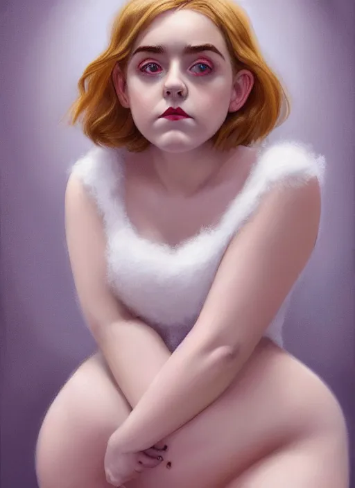 Image similar to full body portrait, kiernan shipka as sabrina spellman, white hair, obese, bangs, sultry, realistic, sultry smirk, fluffy bangs, curly bangs, fat, belly, intricate, elegant, highly detailed, digital painting, artstation, concept art, smooth, sharp focus, illustration, art by wlop, mars ravelo and greg rutkowski