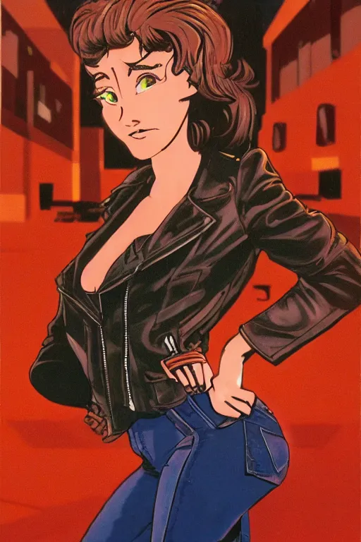 Prompt: portrait of an attractive young female protagonist, center focus, wearing leather jacket, in city street, artwork by ralph bakshi