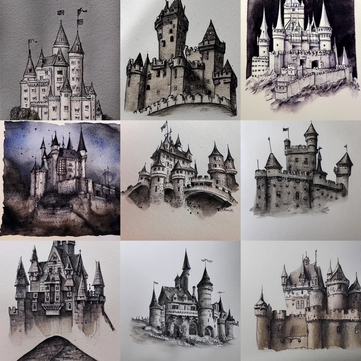Prompt: beautiful aesthetic inspirational masterful professional ink pen and watercolor sketch of a castle, ultra detailed, fine details, trending on artstation, high quality paper