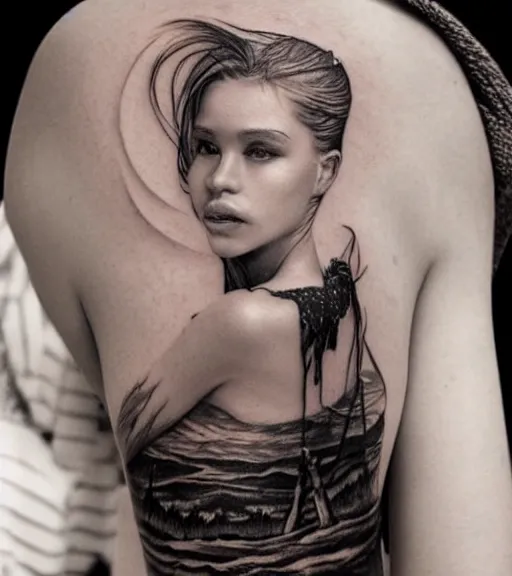 Image similar to a beautiful girl portrait at amazing nature and mountains, realism tattoo design, in the style of den yakovlev, black and white, hyper realistic, highly detailed