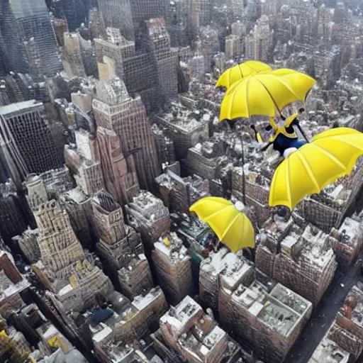 Prompt: associated press photo of giant minions falling from the sky in new york city, detailed 4 k photo