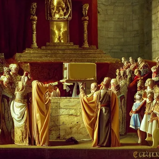 Prompt: a toast being coronated as the roman emperor, while all the cheeses kneel to it