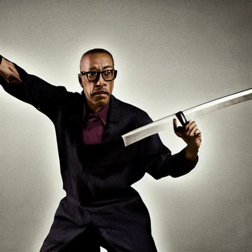 Image similar to Gus Fring wearing his work uniform holding a katana in a battle stance dramatic photograph