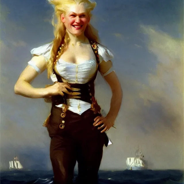 Image similar to painting of a muscular albino female pirate captain with broad shoulders, flowing white hair, and a confident smile, sleeveless uniform, on a boat at sea. painting by john singer sargent and ivan aivazovsky, 4 k hd artstation