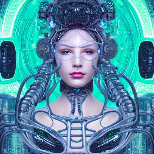 Image similar to beautifull woman integrating with technology, full face, detailed intricate ornate cables connected to head, big open electric eyes, luxurious detailed abundent wiring and implants, sci-fi, neon, emeralds, detailed technology full background, highly detailed, Rene Lalique and Eddie Mendoza