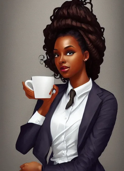 Image similar to detailed digital painting of beautiful black woman in corporate attire cell phone and steaming coffee mug, fanart behance trending on artstation, concept art, matte, sharp focus, illustration, corner office background, hearthstone, art by artgerm and greg rutkowski and alphonse mucha