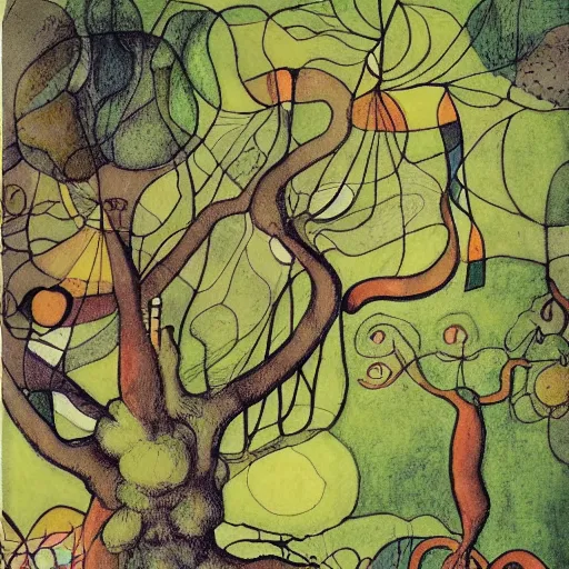 Prompt: a huge standalone tree, seen from the distance near a river. art nouveau rococo childrenbook illustration in the style of caravaggio and paul klee. hd 8 x matte background in vibrant vivid textures