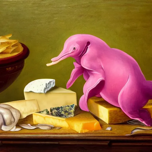 Image similar to a highly detailed oil painting of a pink dolphin ruling a cheese kingdom where everything is made from different types of cheese, surreal, 4 k, trending on art station, in the style of caravaggio, comic book style, van gogh