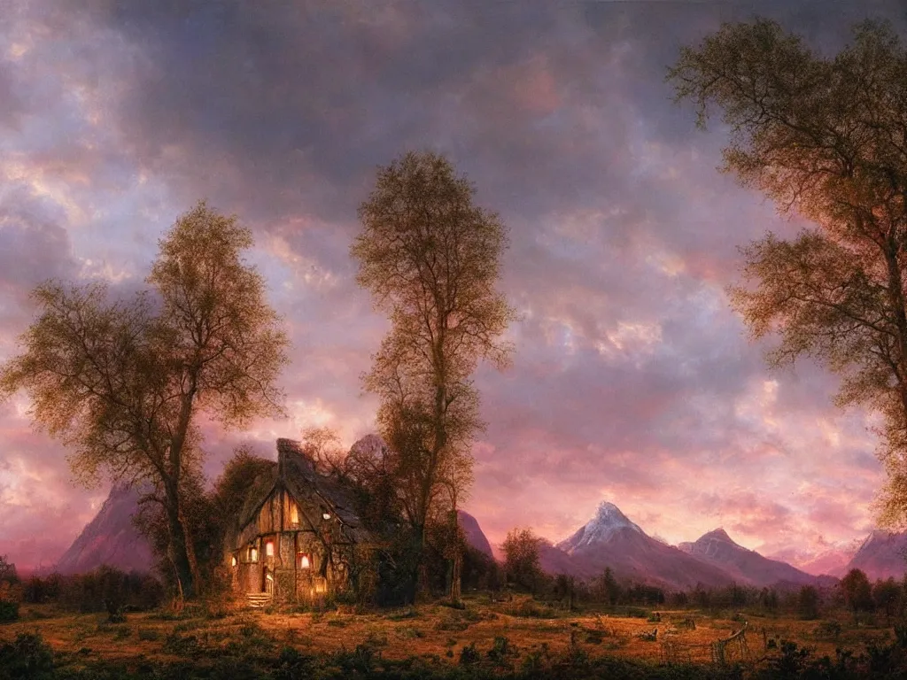 Prompt: a gorgous witchhouse in a woodland with lighted windows, mountains in background, evening mood, pink clouds in the sky, by clive madgwick