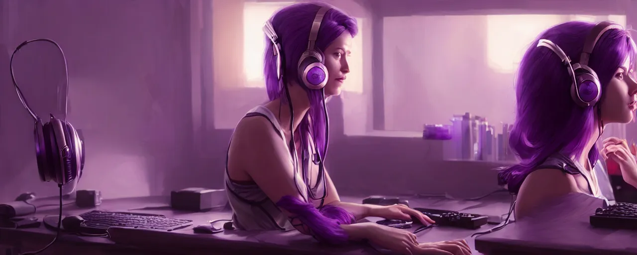 Image similar to wide - shot of stunningly beautiful purple haired female with headphones at home studio streaming computer games late at night, very detailed, 4 k, concept art like ernest khalimov, intricate details, highly detailed by greg rutkowski, ilya kuvshinov, gaston bussiere, craig mullins, simon bisley, backlit