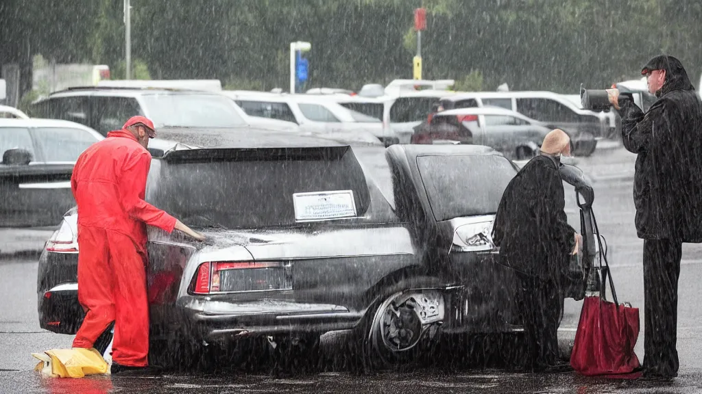 Image similar to late night at a gas station, rain pouring down, a man stands outside pumping gas into his car, a hearse is next to his car, he glances over and sees bright red eyes glaring from the driver ’ s seat