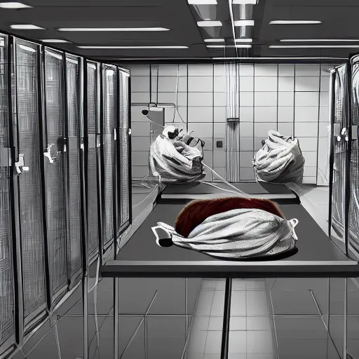 Prompt: body of dead bearded fat male wrapped by wires in opened rack in data center, concept art, digital art, masterpiece