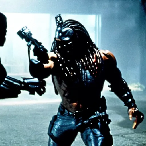 Prompt: a movie still of predator fighting the terminator