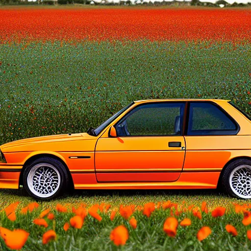 Prompt: photorealistic image of orange bmw e 3 0 m 3 in a field of flowers, picture taken from below