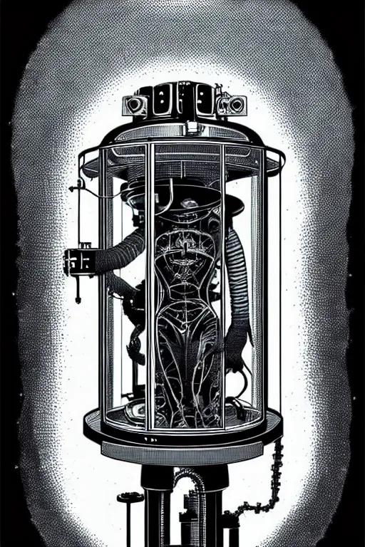 Prompt: steampunk cryo chamber containing friendly grey alien, high details, intricately detailed, by vincent di fate, inking, 3 color screen print, masterpiece, trending on artstation,, sharp, details, hyper - detailed, hd, 4 k, 8 k