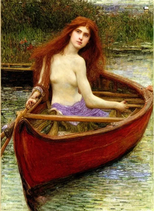 Image similar to lady of shallot in a boat by john william waterhouse, rosetti, monet, william holman hunt, 8 k