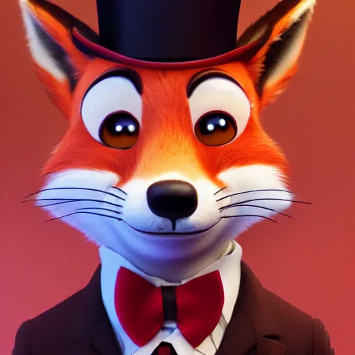 Image similar to Red Fox wearing a top hat in the style of Zootopia, 4k