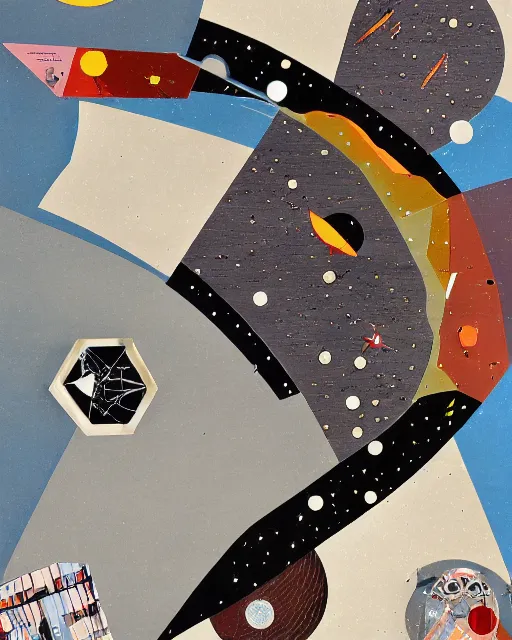 Image similar to A mid-century modern collage, made of random shapes cut from fashion and science magazines and text books, of Space Travel, landing on the moon.