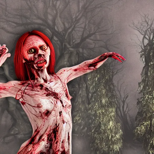 Prompt: A realistic detailed photo of a creepy witch, blood, exploded belly, red eyes, destroyed body, dead skin, dead trees, detailed body, teeth filled with cavities, foggy landscape, creepy, light particles, detailed light, realistic shaders, trending on artisation, detailed textures, detailed, realistic.