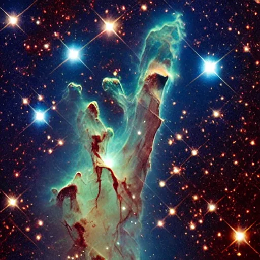 Prompt: pillars of creation nebula shaped like a cat, photographed by hubble telescope