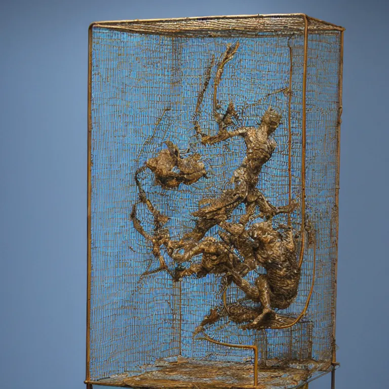 Image similar to hyperrealistic sculpture of a bronze fossilized wentletrap murex dusted with blue spraypaint in a grid cage on a pedestal by ron mueck and duane hanson and lee bontecou, hyperrealistic dramatic colored lighting trending on artstation 8 k