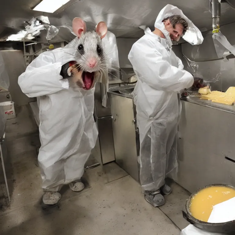 Image similar to a rat mad scientist creating the ultimate cheese in his underground lab