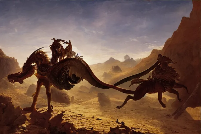 Image similar to shivan dragon from magic the gathering, flying low over an epic desert landscape at dawn by Ludwig Deutsch and Rudolf Ernst, strong dramatic cinematic lighting, lost civilizations, smooth, sharp focus, extremely detailed