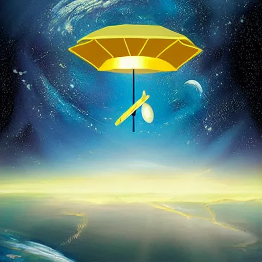 Image similar to giant umbrella in space is blocking the sun, seen from earth, art deco painting