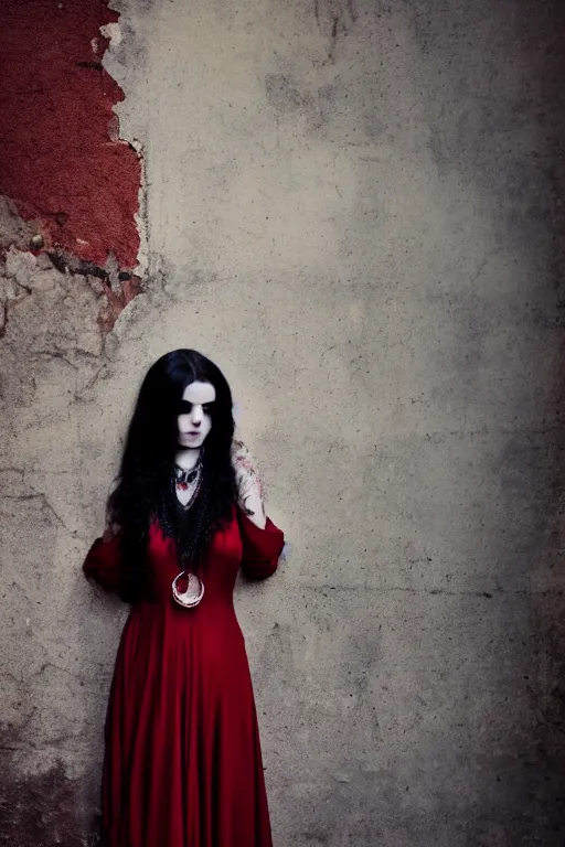 Prompt: a photo of a beautiful Goth girl wearing a dark red dress leaning on a wall, long dark hair, dark colors, tattoos, a large Ankh necklace, soft lighting, rich cinematic atmosphere, poster, 8k