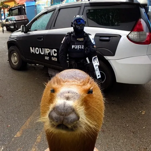 Image similar to capybara policeman drinking coffe