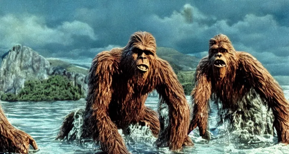 Prompt: scene from the 1 9 5 7 film bigfoot vs the loch ness monster, ray harryhausen, colorized, movie still