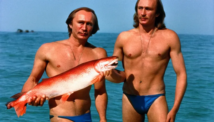 Image similar to 7 0 s movie still of putin in speedo, proudly holding a salmon, focus on eyes. cinestill 8 0 0 t _ 3 5 mm eastmancolor, heavy grain, high quality, high detail