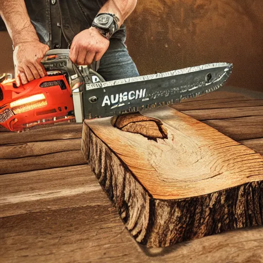 Image similar to photorealistic chainsaw cutting wood. hyperdetailed photorealism, 1 0 8 megapixels, amazing depth, high resolution, 3 d shading, 3 d finalrender, 3 d cinematic lighting, glowing rich colors, psychedelic overtones, artstation concept art.