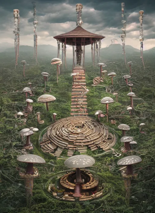 Image similar to wide - angle shot of mushroom temple, cables and tubes, depth of field, zeiss lens, detailed, symmetrical, centered, fashion photoshoot, by nicoletta ceccoli, mark ryden, lostfish, earl nore, hyung tae, frank frazetta, breathtaking, 8 k resolution, extremely detailed, beautiful, establishing shot, artistic, hyperrealistic, octane render