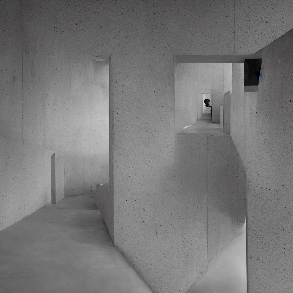 Image similar to photograph of a hallway, concrete, tadao ando, flowers, minimalist, architecture magazine, dezeen, 50mm, pentax, film