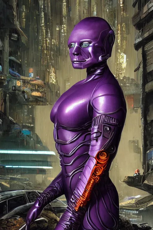 Prompt: A highly detailed, beautiful rendered, close portrait of a mutant ringer, half human, in purple spandex suit, with scars in the face, high tech equipement and armour attached to the body, in a tropical and dystopic city, in front of a garage, dried palmtrees, thick dust and red tones, bladerunner, cyberpunk, lost city, hyper-realistic environment, Epic concept art. Warhammer 40k