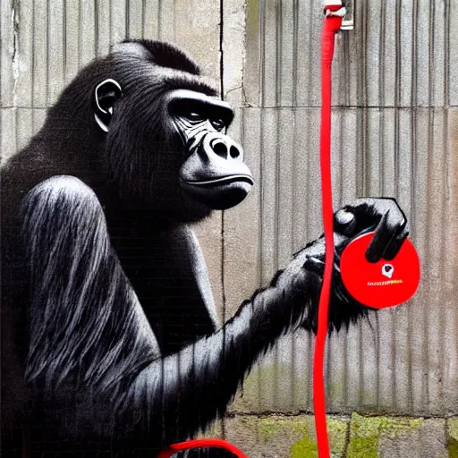 Prompt: gorilla wearing red headphones by banksy