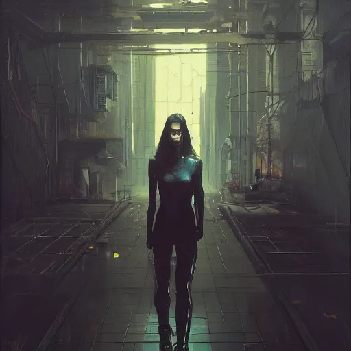 Image similar to neuromancer, cyberpunk, artificial intelligence, cybernetics, dystopian future, cybernetics, razorgirl, chiaroscuro, high detail, painted by greg rutkowski, painted by igor kieryluk, painted by bobby chiu, trending on artstation