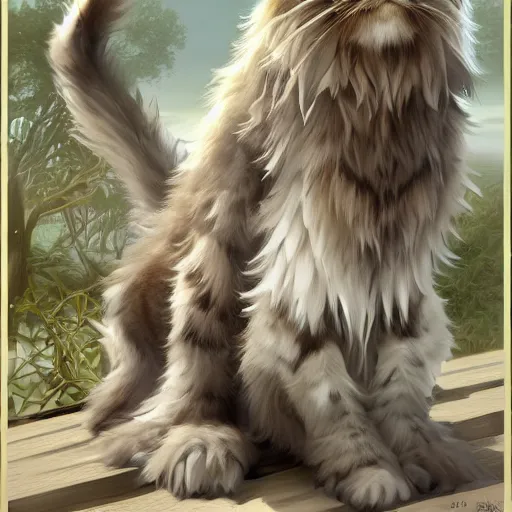 Prompt: maine coon, anthropomorphic large maine coon, bipedal, muskateer outfit, aware. furry. character concept, digital painting, artstation, concept art, smooth, super sharp focus, illustration, art by artgerm and h r giger and alphonse mucha