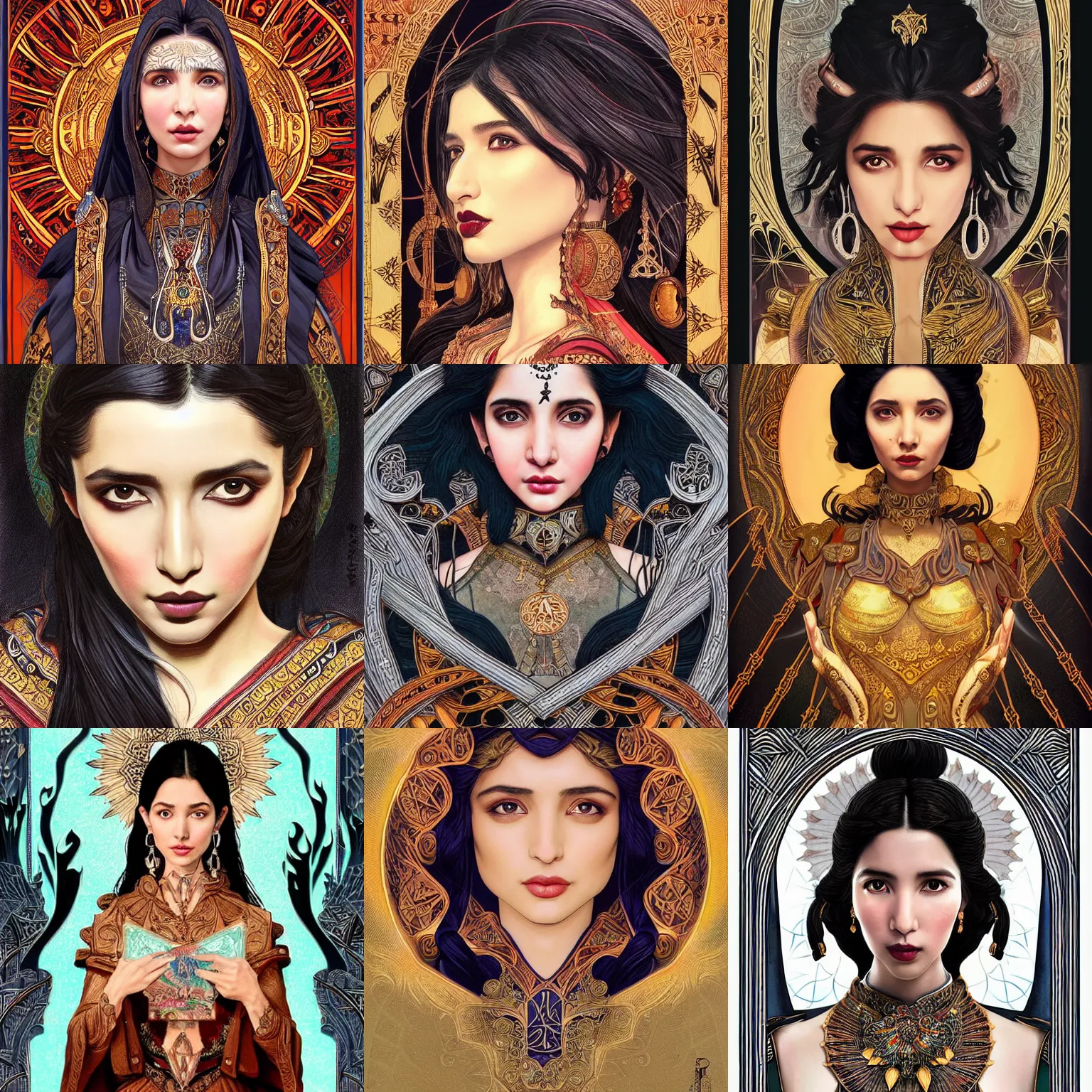 Prompt: head-on symmetrical centered painted portrait, Mahira Khan as a mage, black hair, no hands, ornate mage robe armour, art nouveau, tarot card style, fantasy, intricate, elegant, highly detailed, smooth, sharp focus, illustration, artstation, in the style of Artgerm and Anna Podedworna and Alex Ross and Mucha