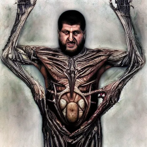 Image similar to bodyhorror portrait of ramzan kadyrov degraded abomination, photo - realistic, color image, 2 k, highly detailed, by h. r. giger