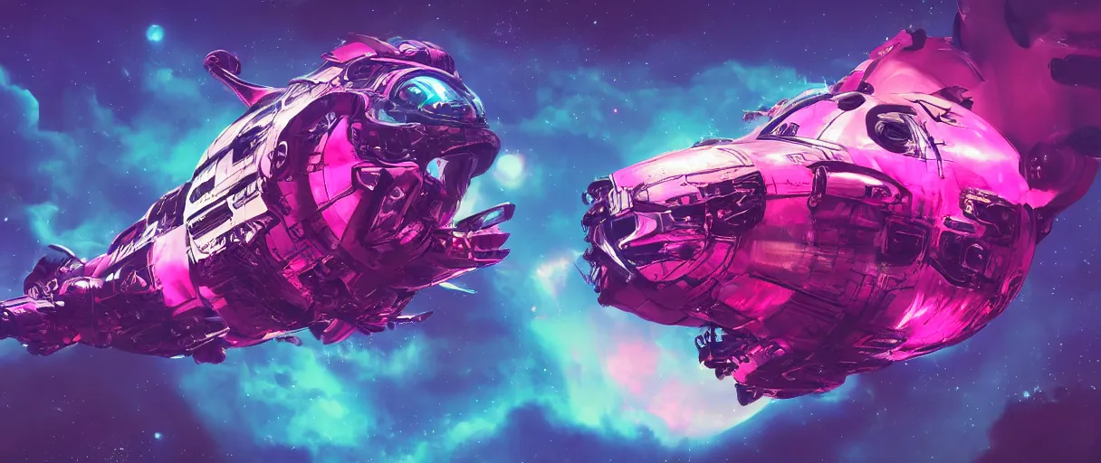 Prompt: space, a mechanical lion with a pink mohawk drives a pirate spaceship, punk, hyperdetailed illustration, stars, pink, neon, oil painting, rich deep colors masterpiece, pirate neon ship, ultra detailed, contrast, heaven pink, clouds, volumetric light, atmospheric lighting, dramatic, cinematic, moody, octane render 4 k, 8 k